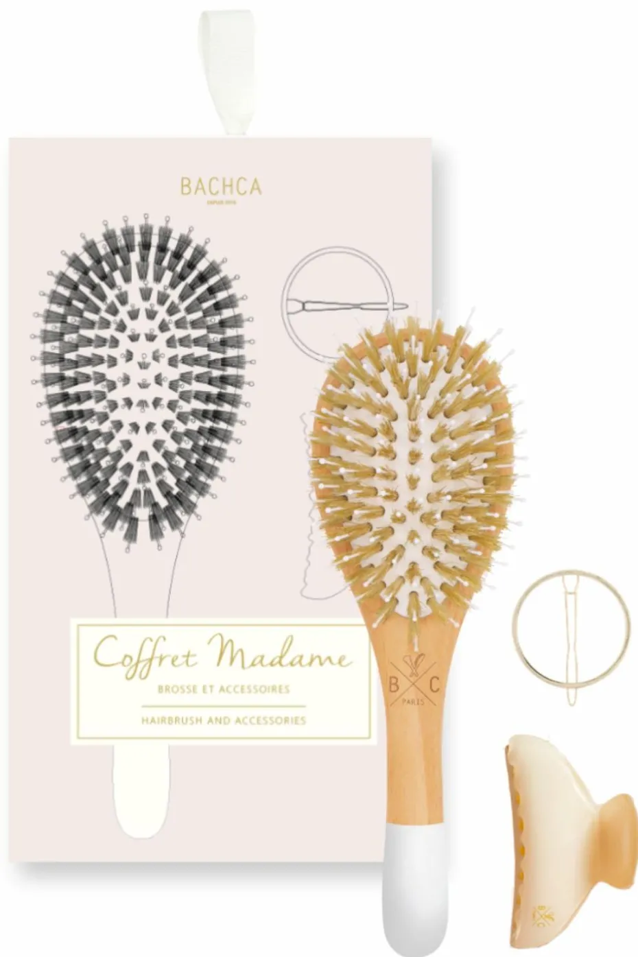 Coffret Madame brosse sanglier nylon, duo de barrettes rondes & pince ivoire