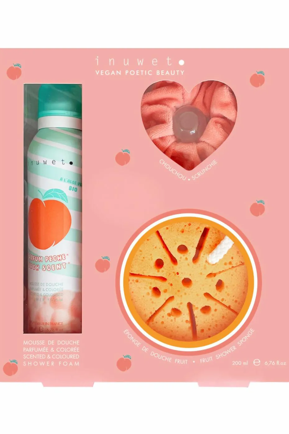 Coffret mousse de bain, éponge & chouchou pêche