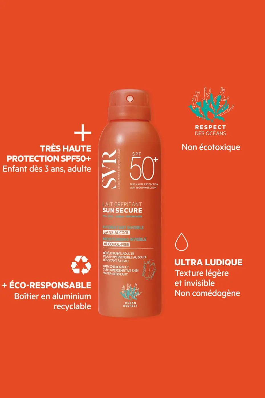 Lait hydratant crepitant invisible Sun Secure SPF50+
